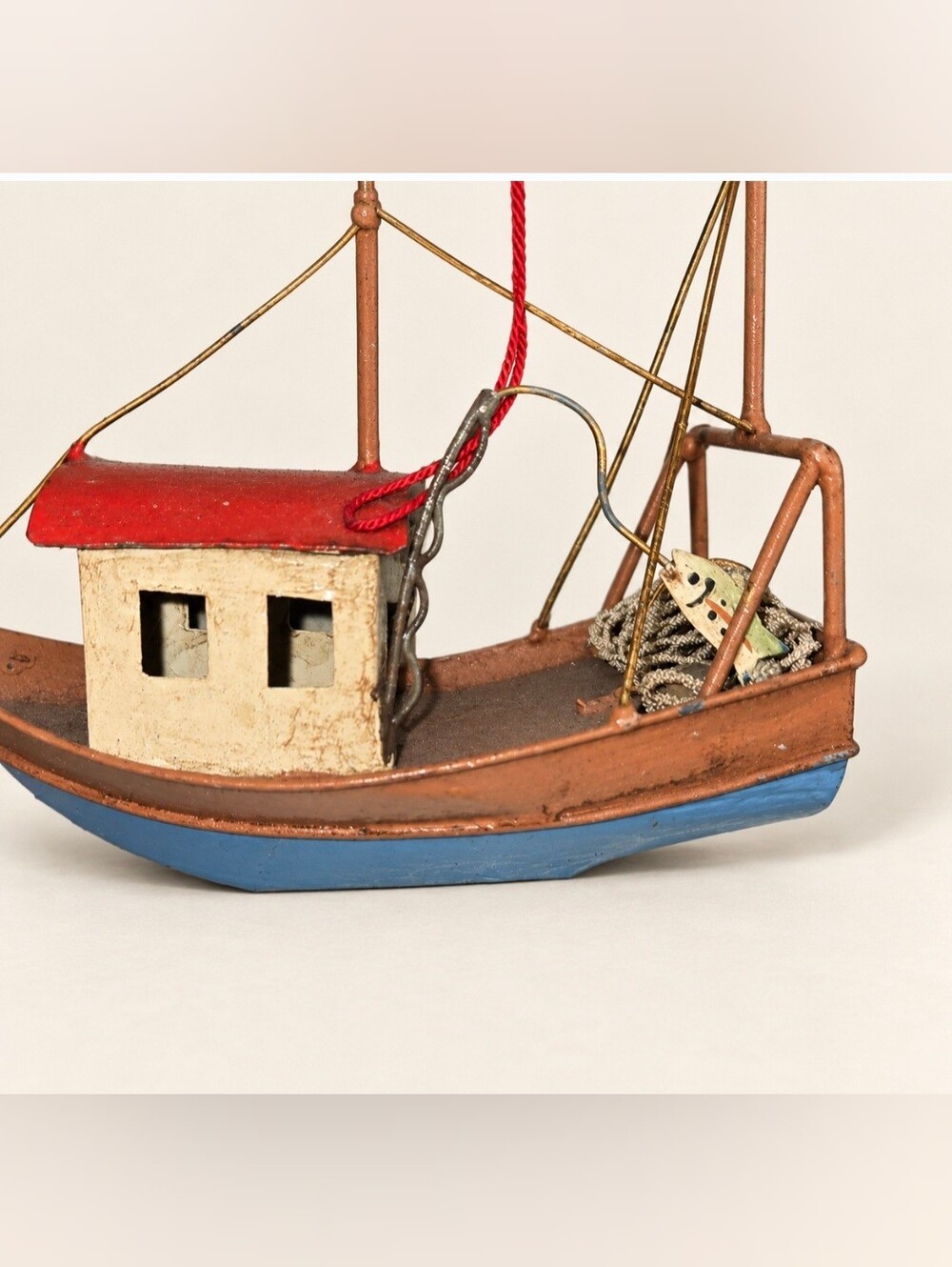 Vintage tin/wood miniature fishing boat 6x3x4
